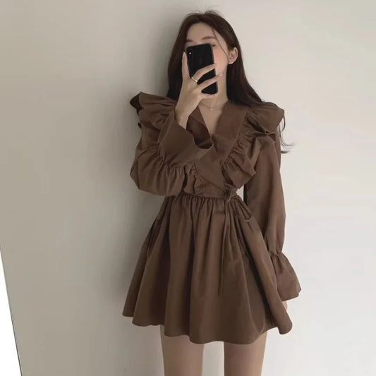 Woman Long Sleeve Dress Tie-up