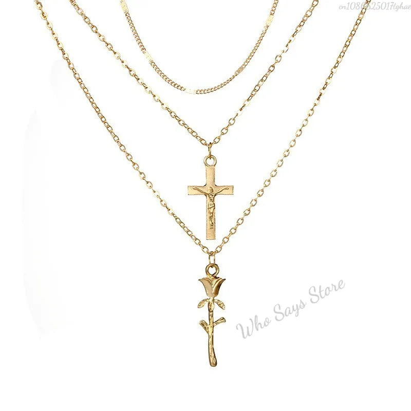 3 Layer Necklace Oval-shaped Virgin Mary Madonna Pendant Jesus Cross Metal Plated Chain Women Gift