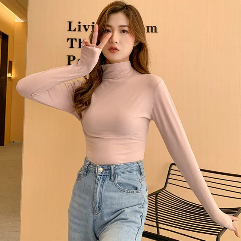 Solid Basic Modal Turtleneck Tshirts Women