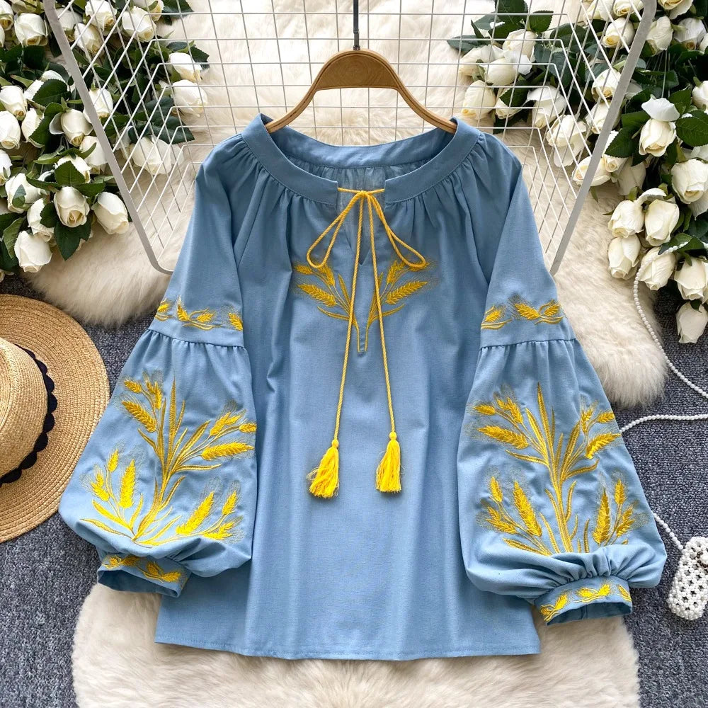 Neck Embroidery Lantern Blouses