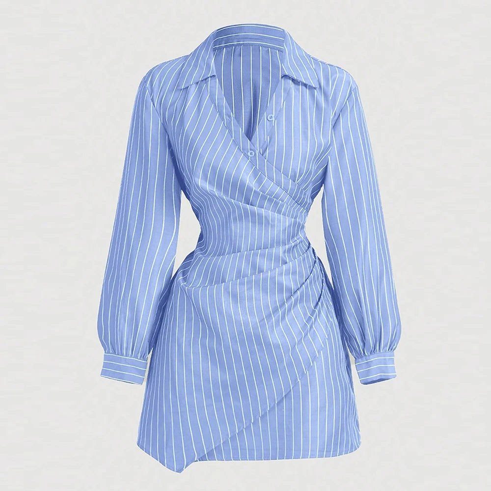 2025 Women's K-Fashion Nipped Waists Stripes Long Sleeve V-Neck A-Line Mini Work Dresses