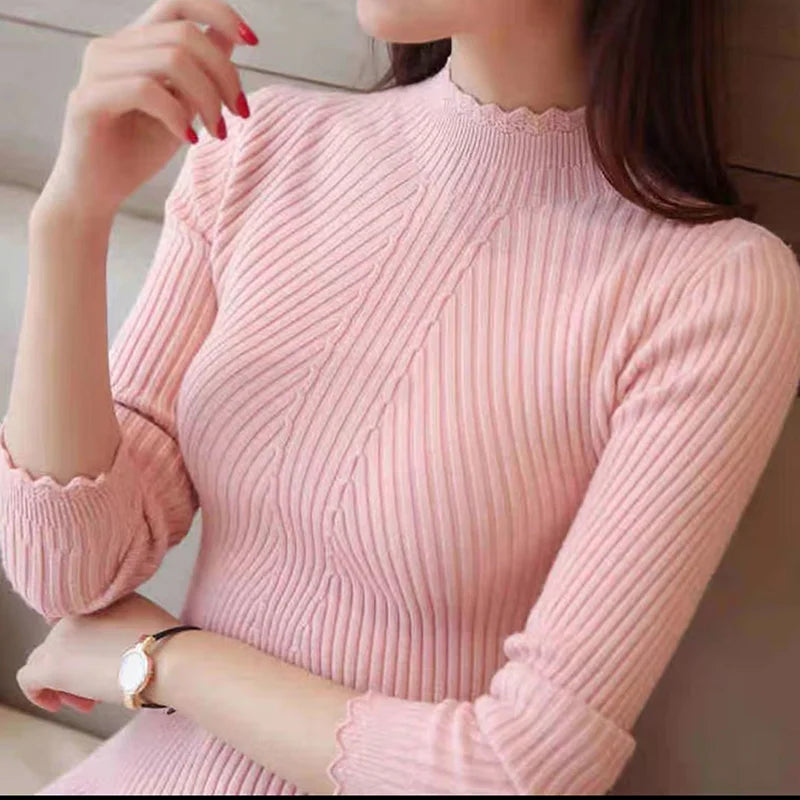 ITOOLIN Autumn Women Mock Neck Ruffles Sweater Long Sleeve Knitted Bottoming Solid Pullovers Stripe For Women Sweater Winter