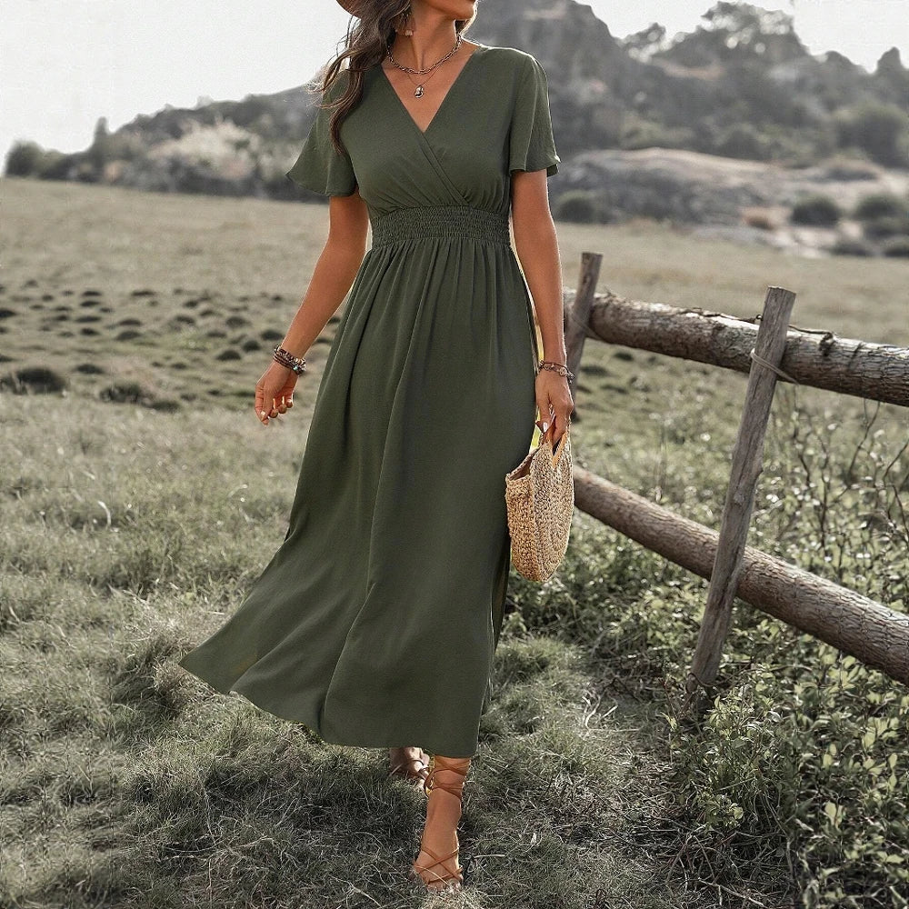 Women's Dresses Summer Fashion 2025   V-Neck A Line Midi Vacation Dresses