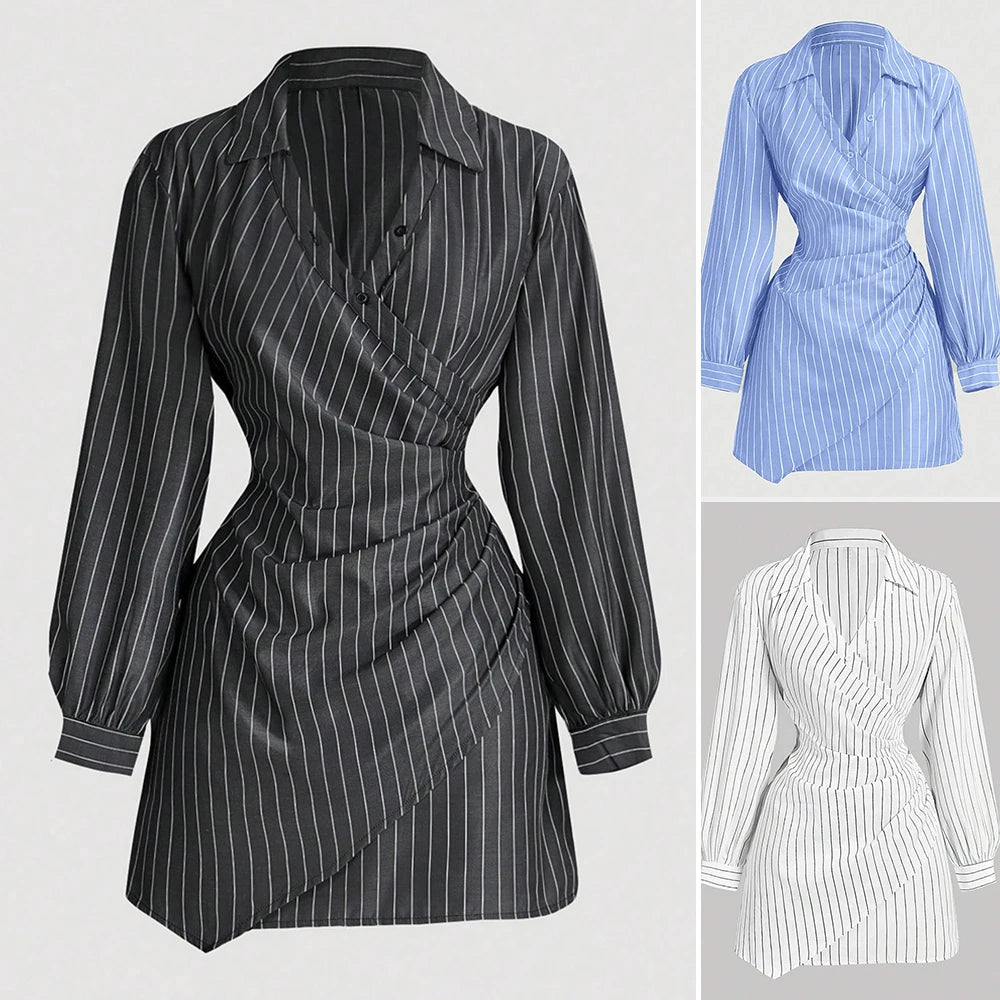 2025 Women's K-Fashion Nipped Waists Stripes Long Sleeve V-Neck A-Line Mini Work Dresses