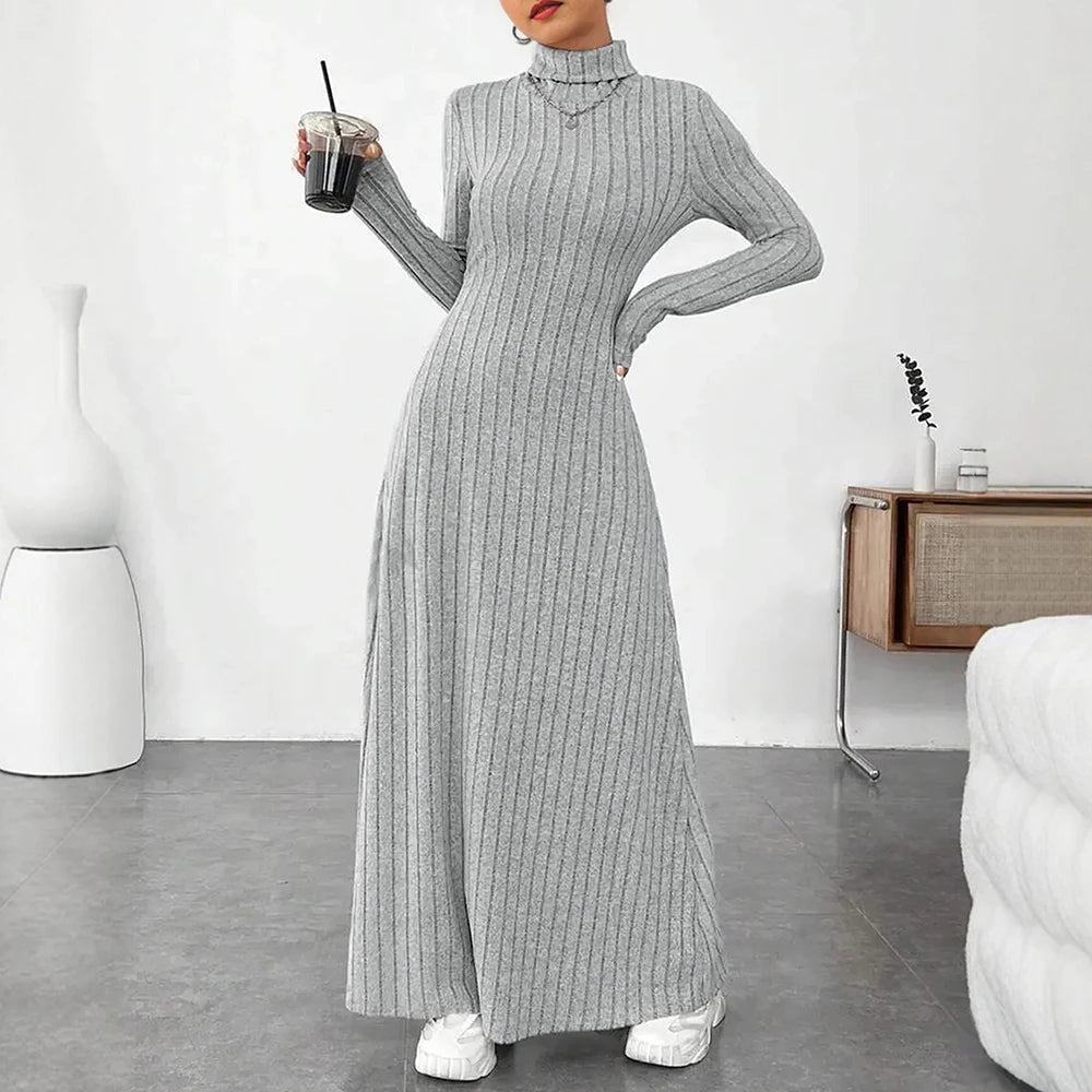 2025 Women's Daily Basic Casual Solid Color Long Sleeve Mock Neck Fitting Slim Long Dress