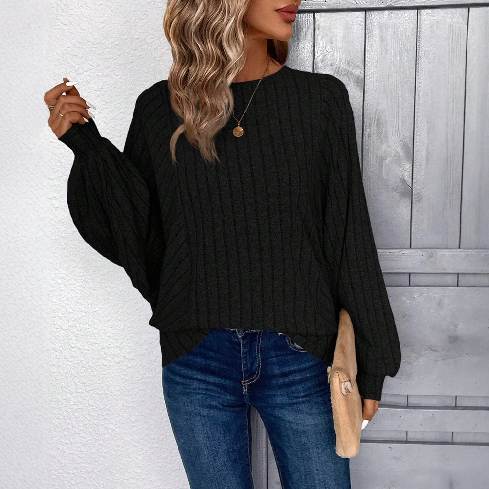 Women's 2025 Autumn  Solid Color Long Sleeve Round-Neck Stripes Loose Fit  T-Shirts