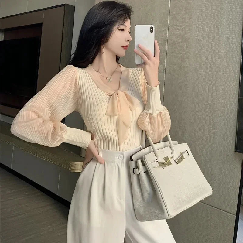 Lucyever Korean Chic Bow V-Neck Women Sweater