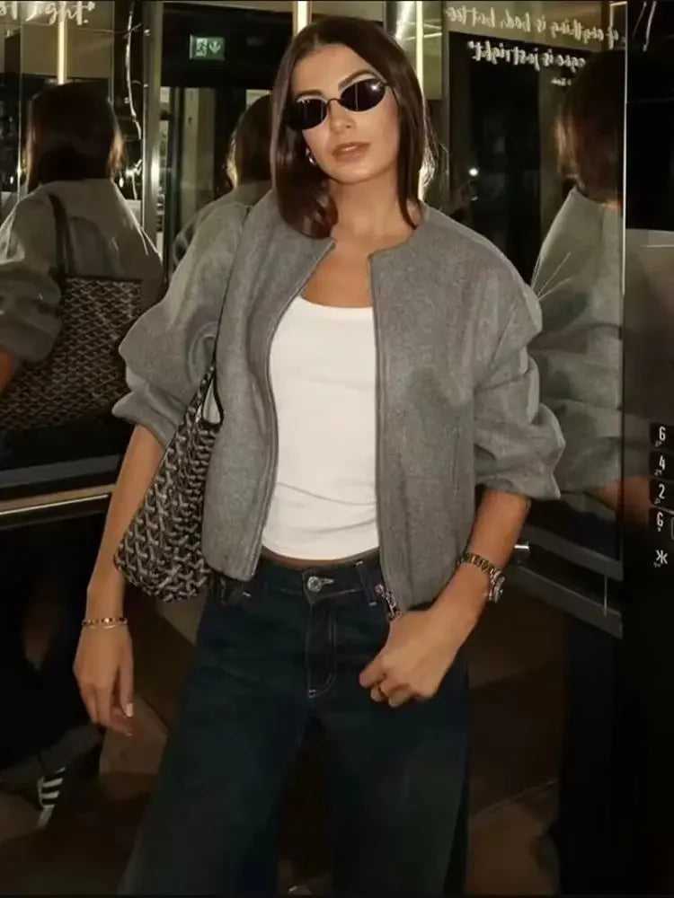 Women Retro Round Neck Long Sleeve Elastic Hem Zipper