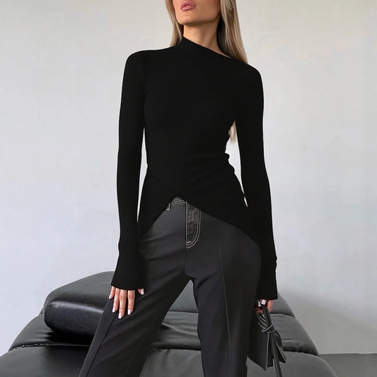 T-Shirts 2025 Women's Simple Plain Long Sleeve Asymmetrical Collar Fitting Slim Basics T-Shirts