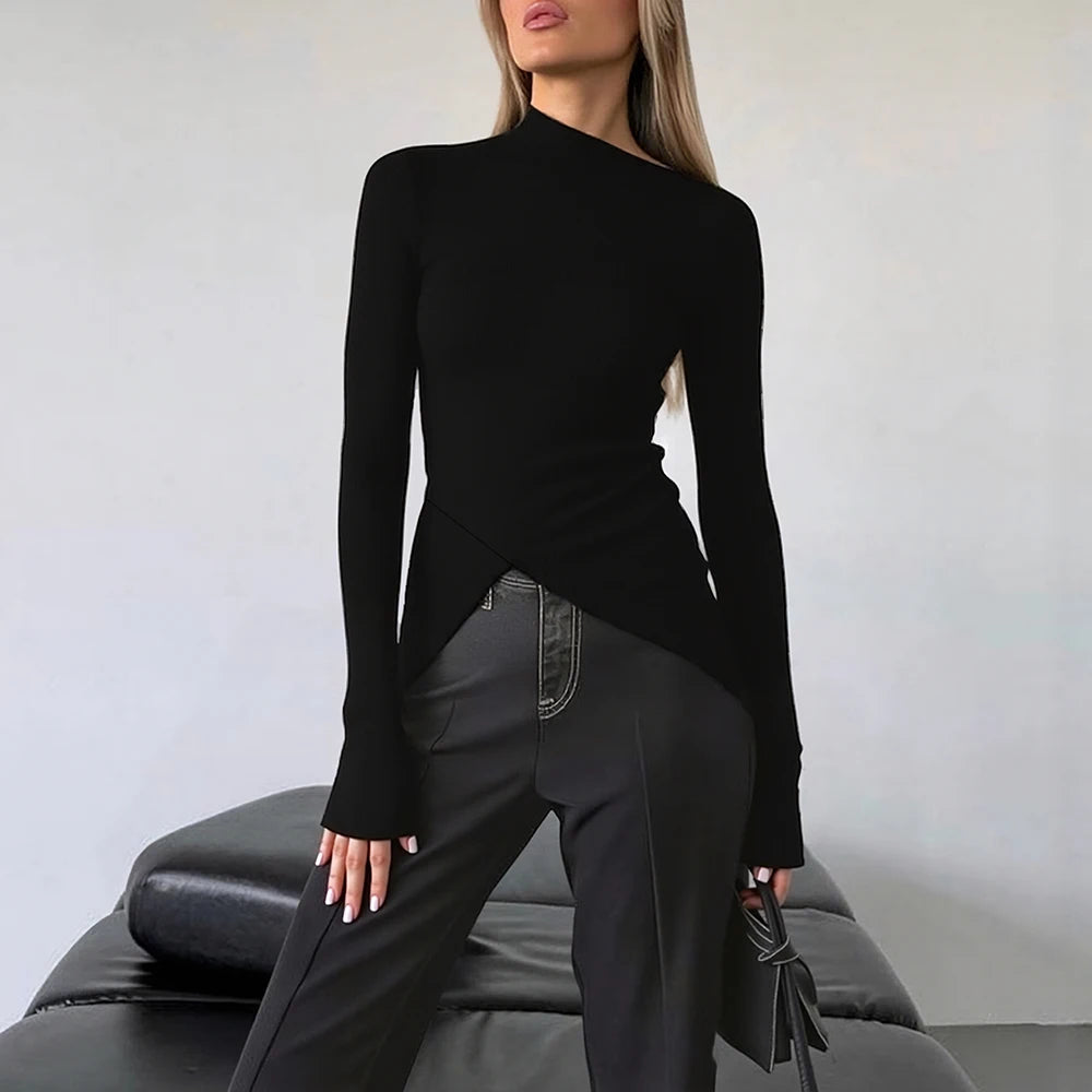 T-Shirts 2025 Women's Simple Plain Long Sleeve Asymmetrical Collar Fitting Slim Basics T-Shirts