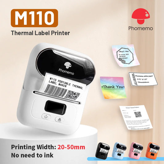 Phomemo M110 Mini Portable Thermal Printer Self-adhesive Label Printer For 3/5/10 rolss Stickers Label Maker Printer Without Ink