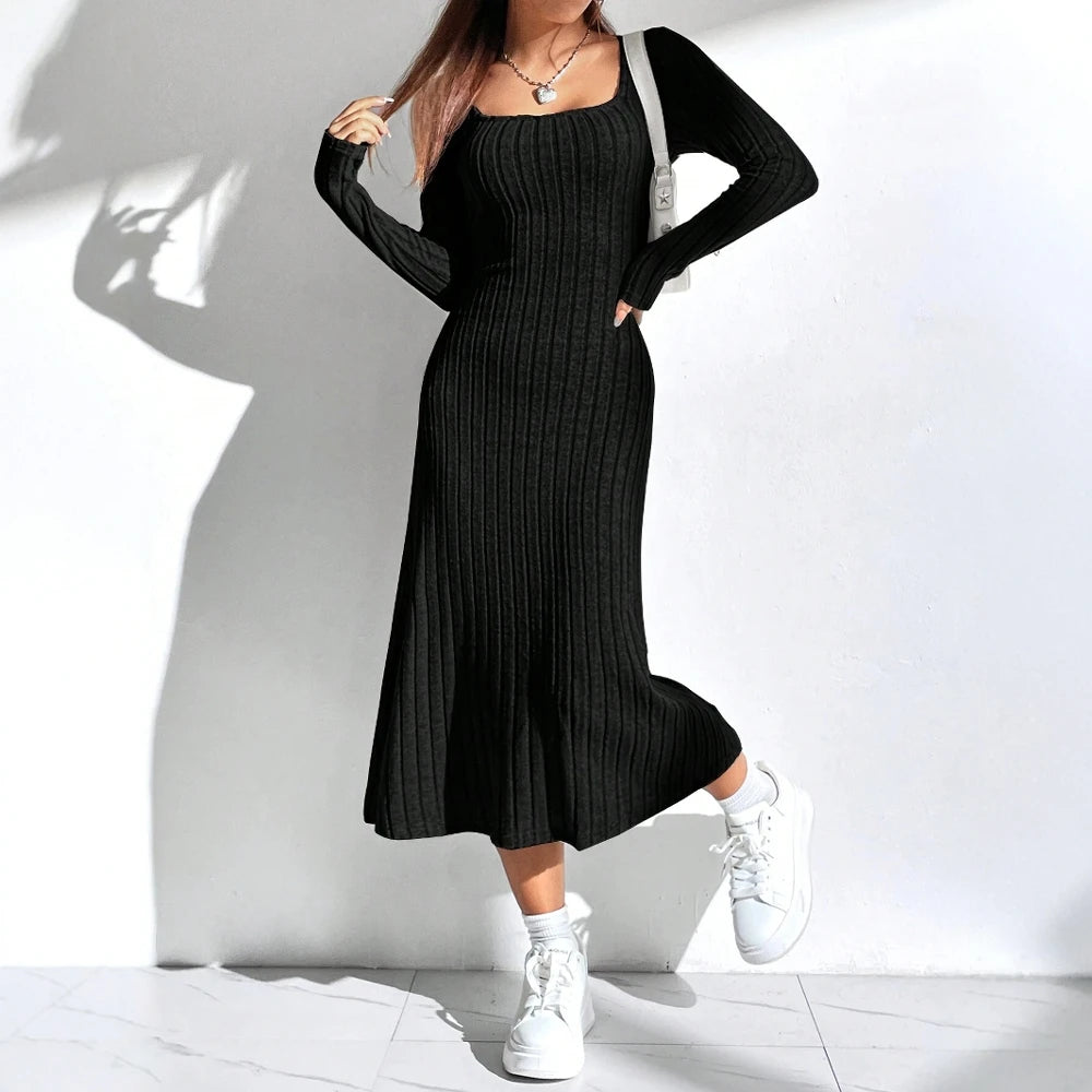 2025 Solid Color Long Sleeve Square Neck Nipped Waists Dresses For Women