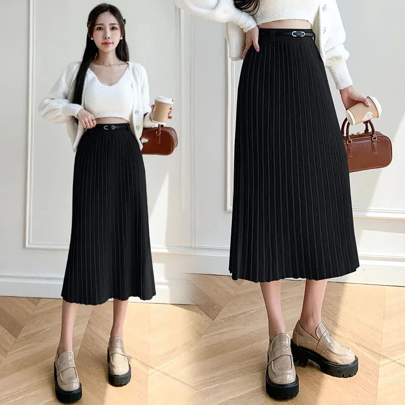 Fashion Temperament Gray Knitted Long Skirt Women Ko
