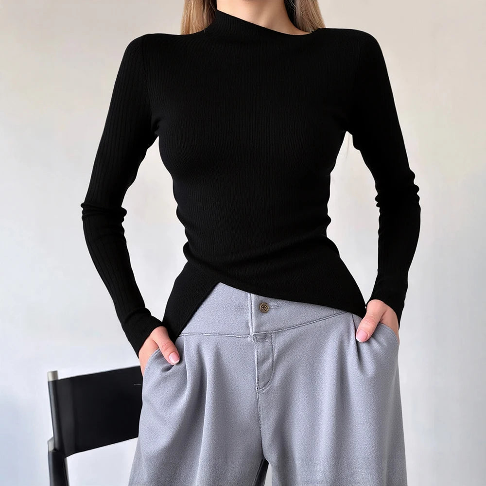 T-Shirts 2025 Women's Simple Plain Long Sleeve Asymmetrical Collar Fitting Slim Basics T-Shirts