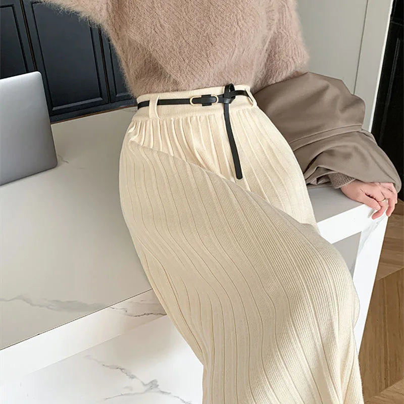 Fashion Temperament Gray Knitted Long Skirt Women Ko