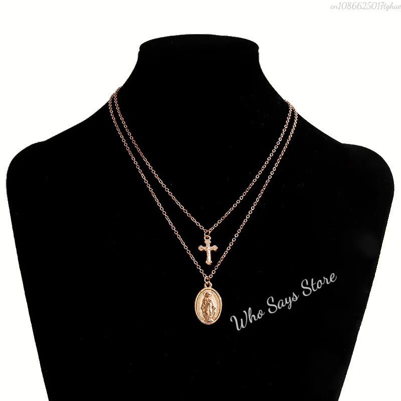 3 Layer Necklace Oval-shaped Virgin Mary Madonna Pendant Jesus Cross Metal Plated Chain Women Gift