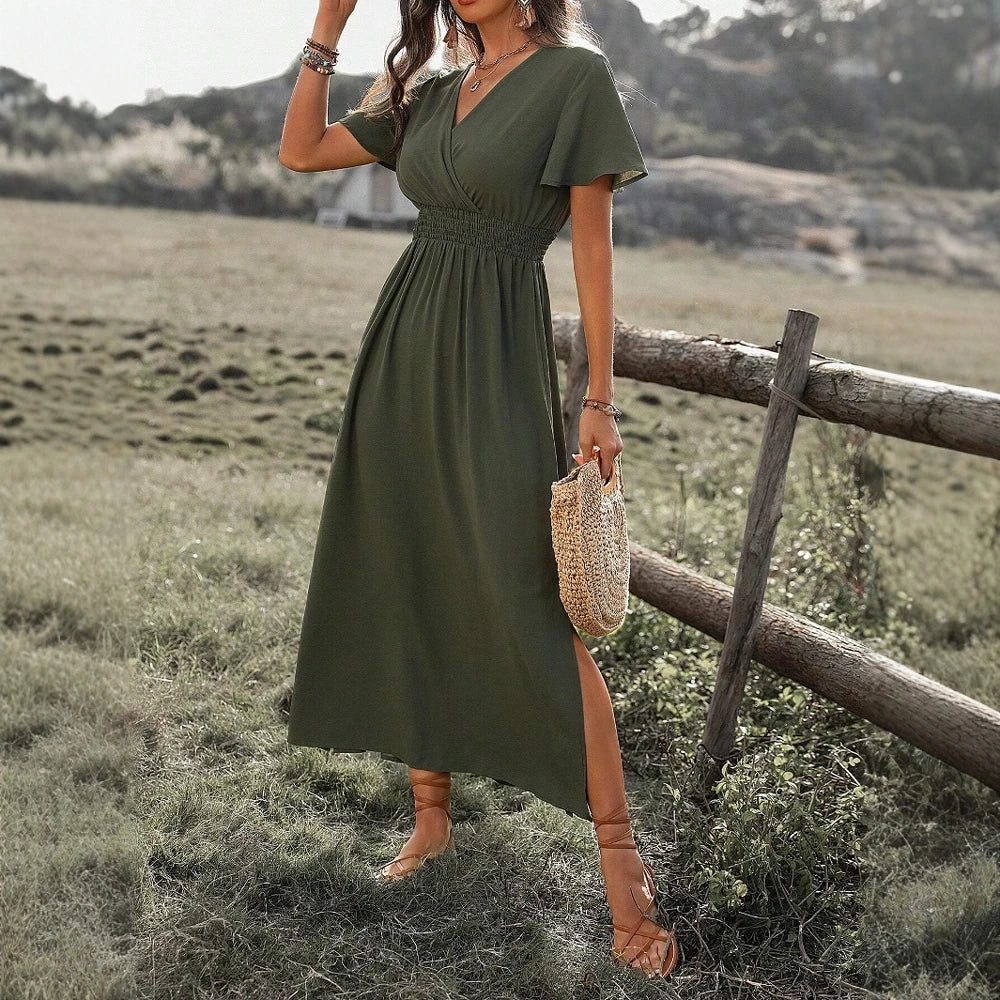 Women's Dresses Summer Fashion 2025   V-Neck A Line Midi Vacation Dresses