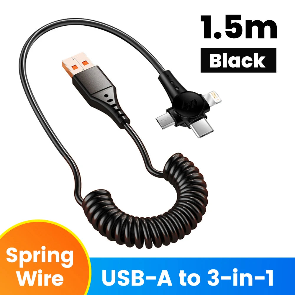 120W 3-in-1 Mobile phone fast charging data cable For iPhone Huawei Xiaomi Super fast charging spring retractable data cable