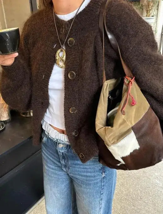 ITOOLIN  Fashion Elegant Women's Knitted Button Jacket Brown Maillard Lazy Knitted Jacket Round Neck Long Sleeve Coats