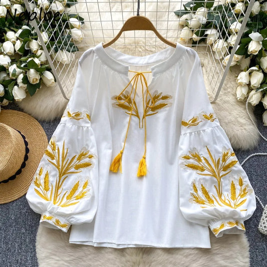 Neck Embroidery Lantern Blouses