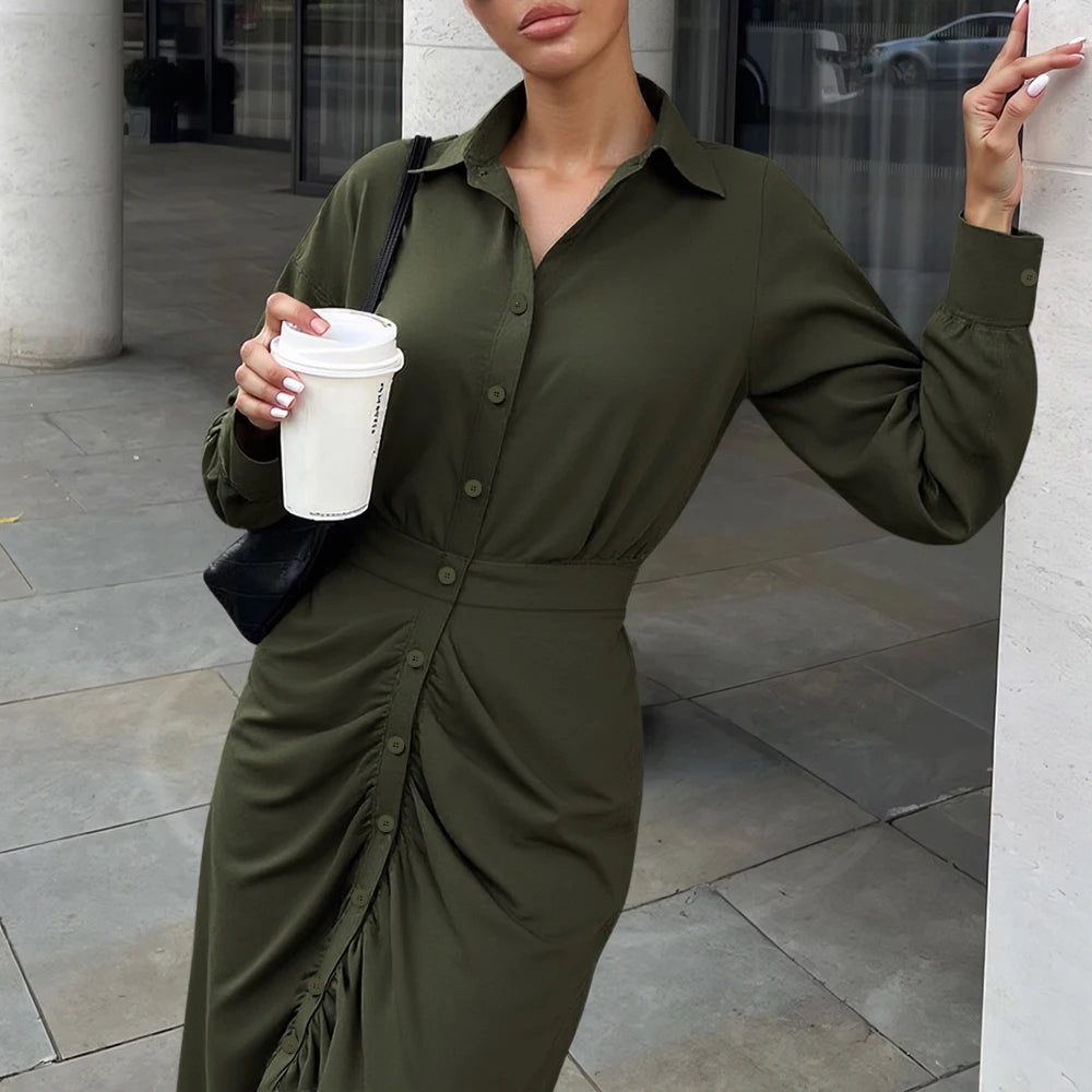Women's Elegant Plain Long Sleeve Lapel Button Front Fitting Slim Office Lady Dresses